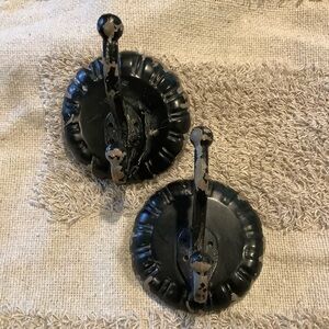 Vintage Pair tin & metal wall hooks chippy black paint
